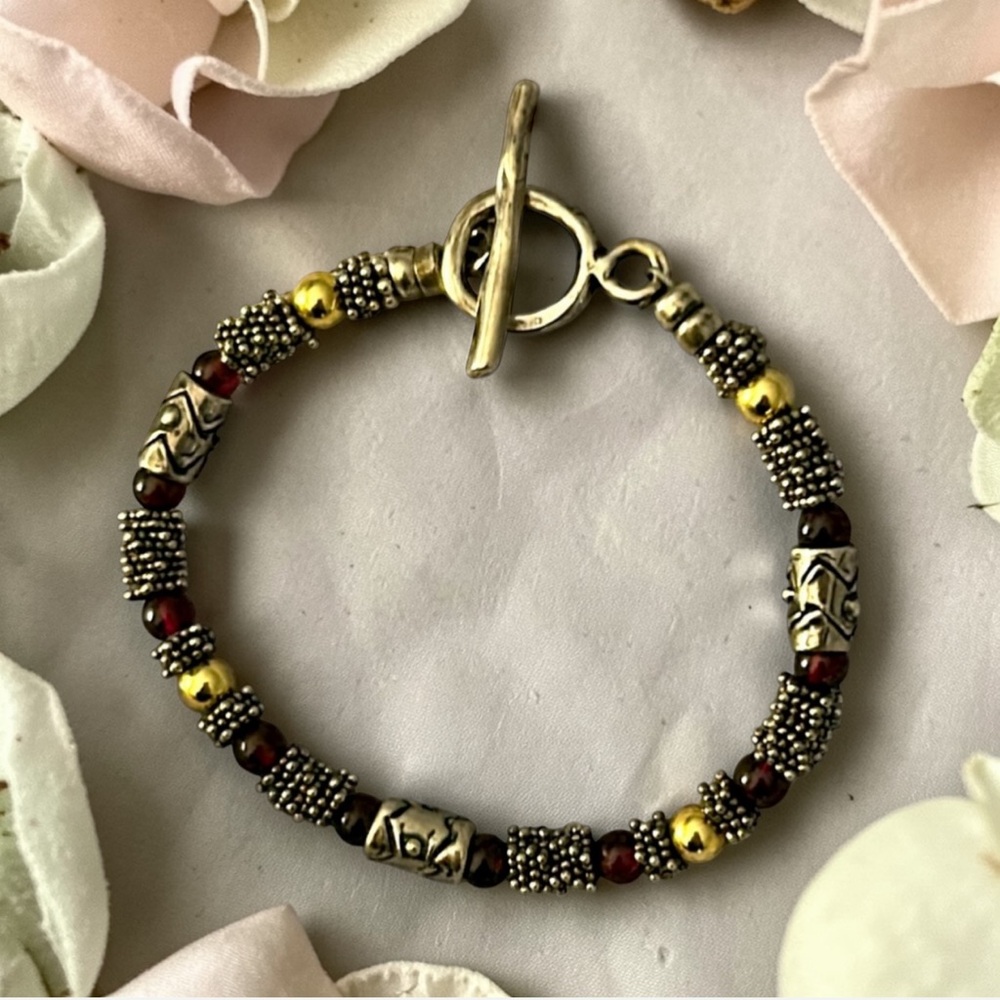 Vintage Heavy Sterling Silver Garnet Gold Bracelet